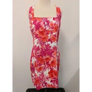 Evan Picone Pink Floral Sheath Sleeveless Square Neck Cotton Dress sz 14 Resort
